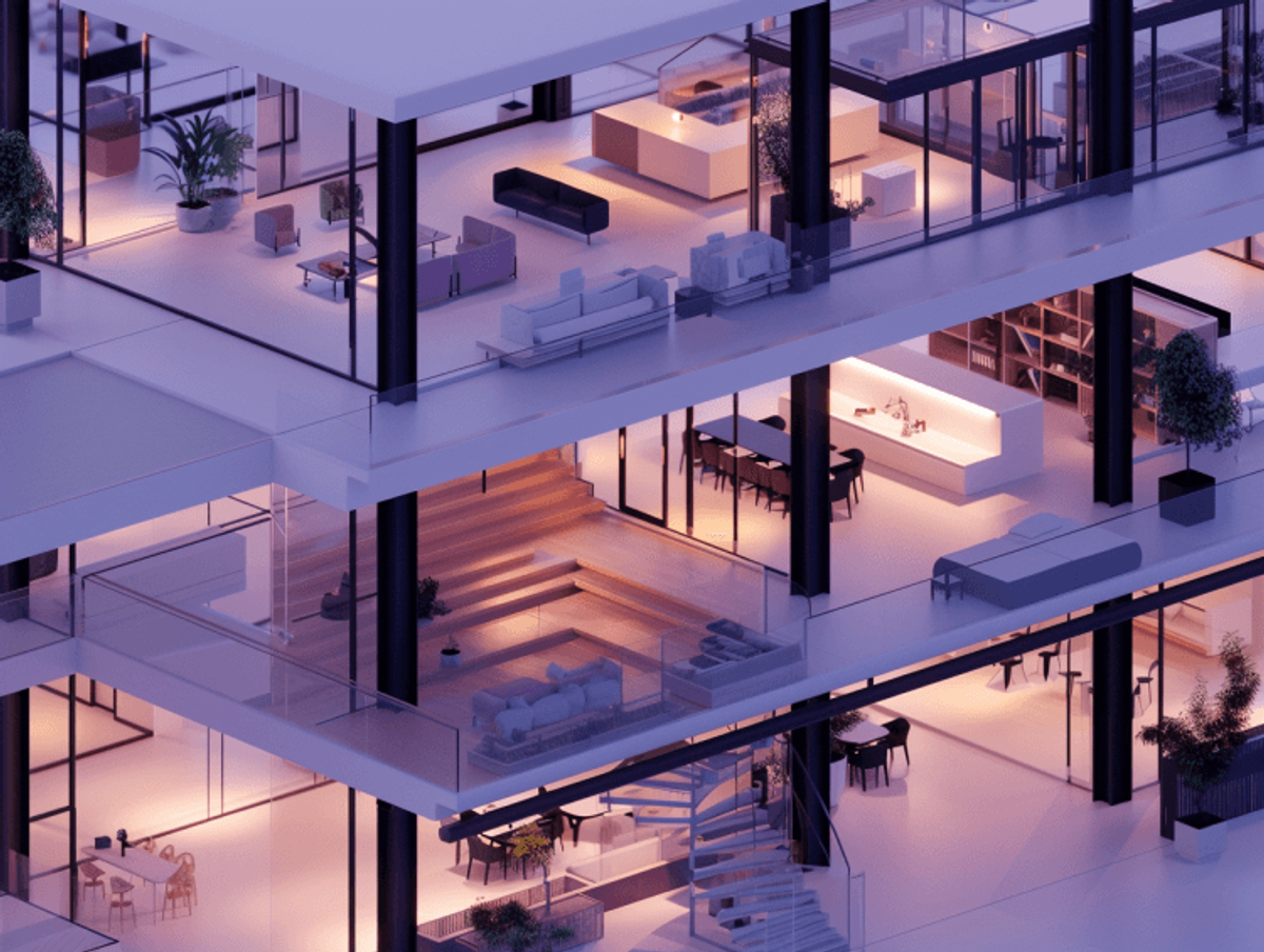 Modern multi-level minimalist apartment interior design.