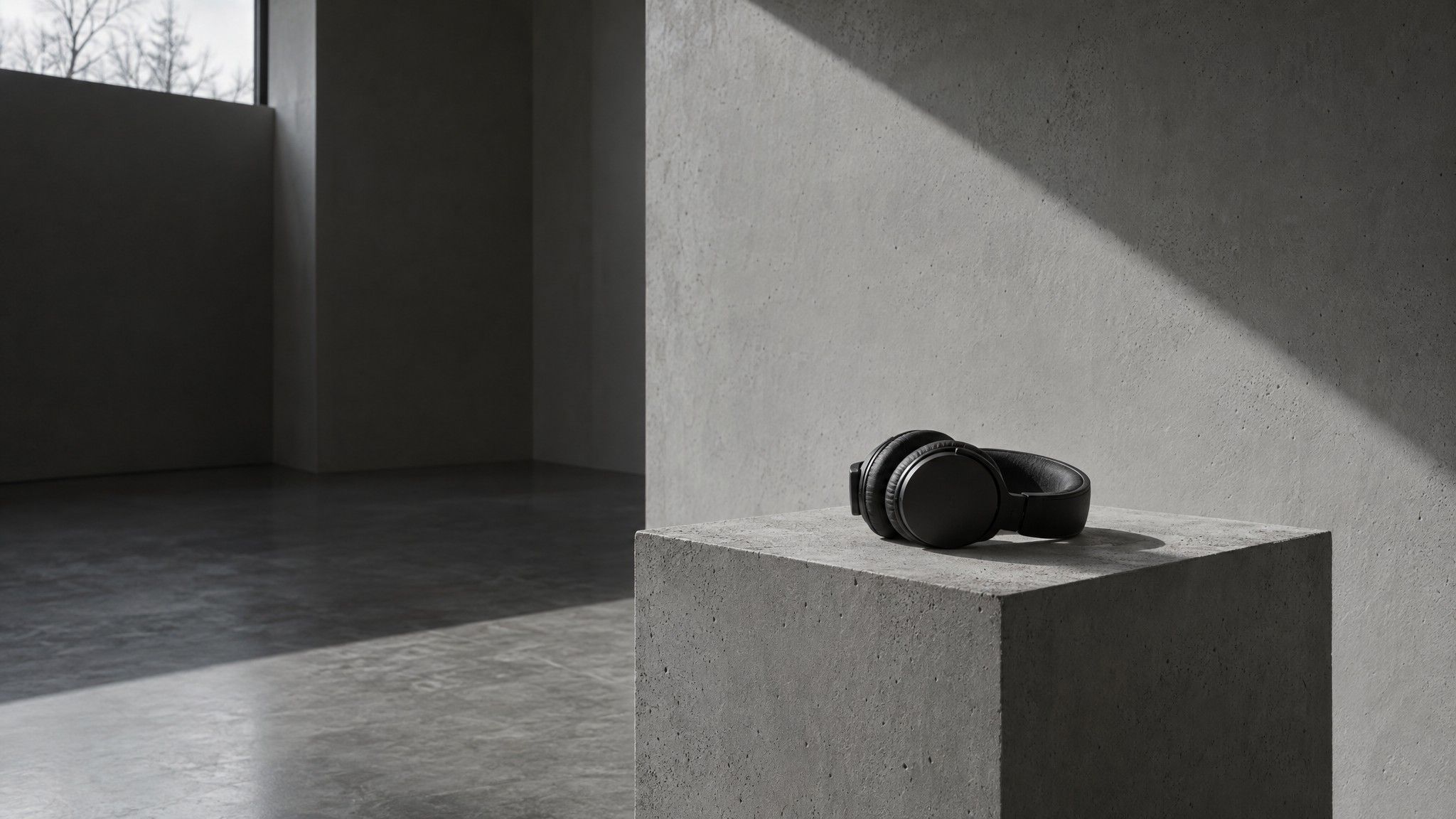 Headphones on a concrete plinth in a white concrete room