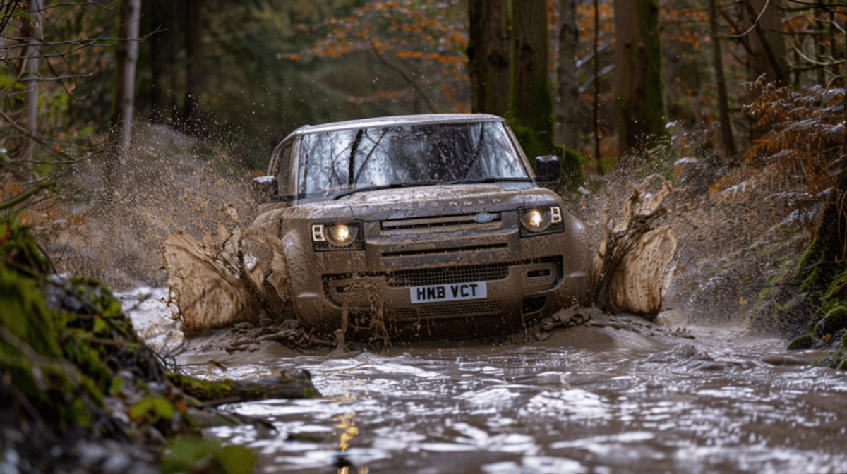 SUV driving through forest mud.