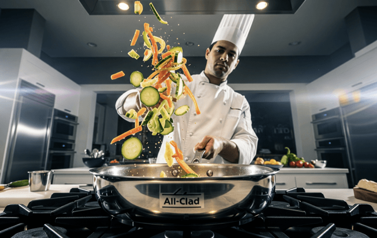 Chef tossing vegetables in pan on stove.