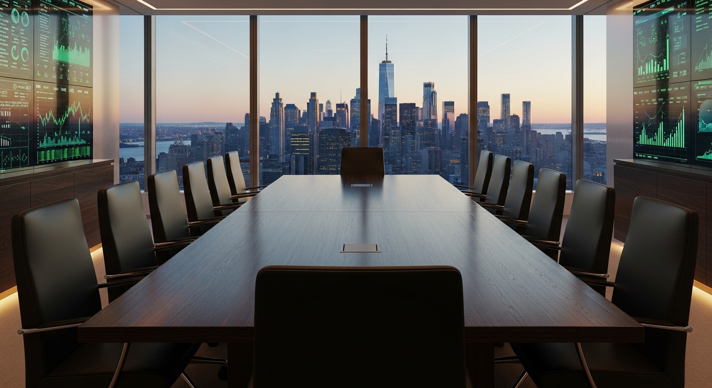 Premium boardroom overlooking Manhattan skyline for investor meetings