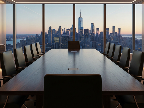 Premium boardroom overlooking Manhattan skyline for investor meetings