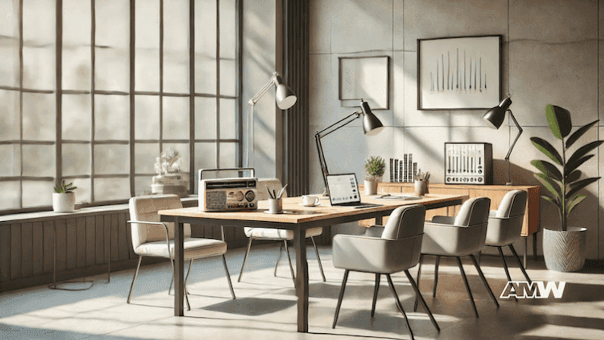 Modern office with large windows, desks, and chairs.