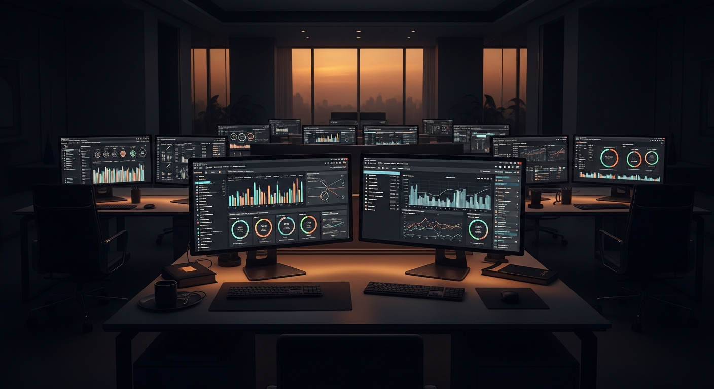 Modern office with analytics dashboards showing SEO performance metrics