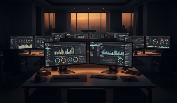 Modern office with analytics dashboards showing SEO performance metrics