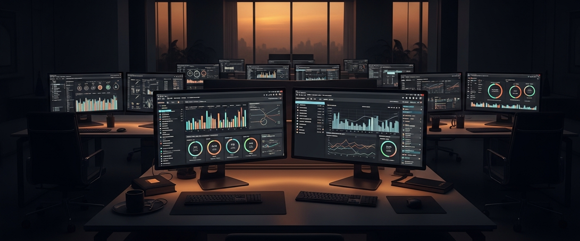 Modern office with analytics dashboards showing SEO performance metrics