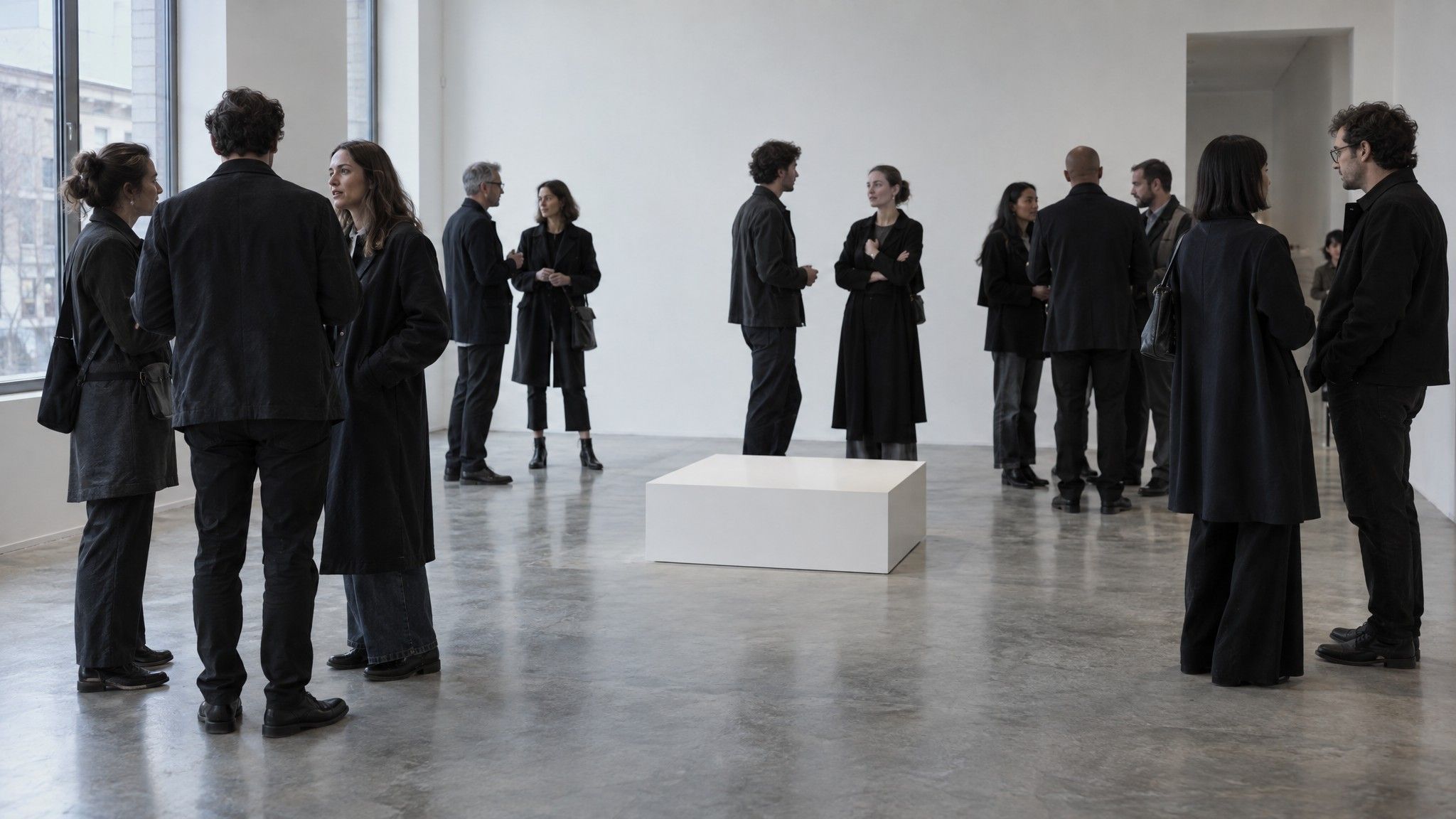 White gallery launch space with a bare plinth