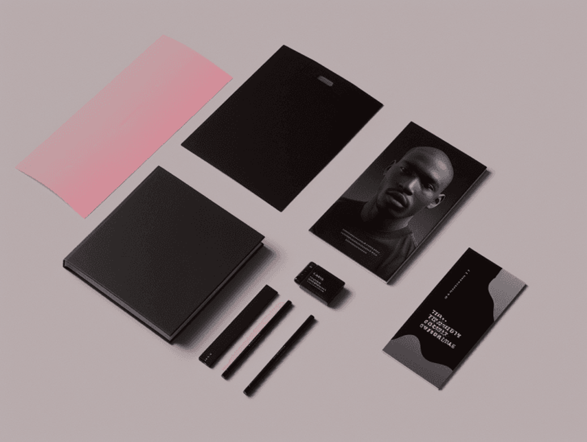Assorted black stationery and brochures on display.