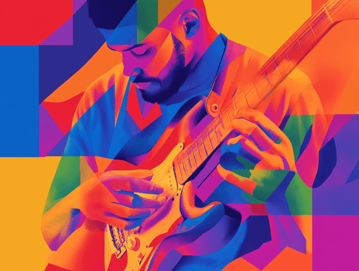 Colorful abstract art of man playing guitar