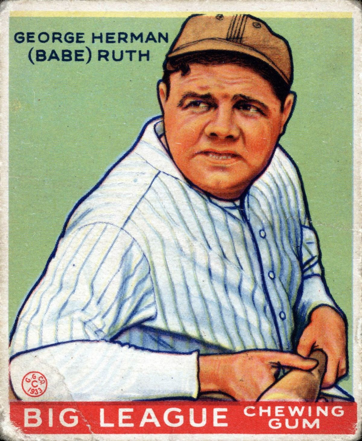 Illustrated color trading card of Babe Ruth in a brown cap and pinstriped shirt gripping a bat against a green background, labeled George Herman (Babe) Ruth and Big League Chewing Gum