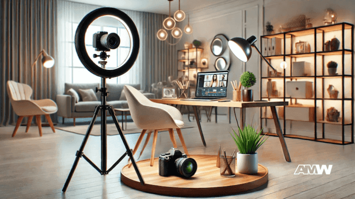 Modern home office with camera setup and lighting.