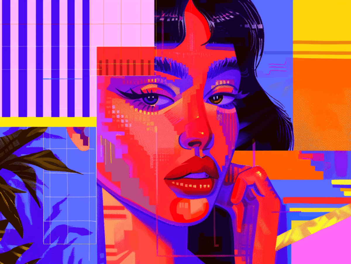 Colorful digital portrait of a woman's face.