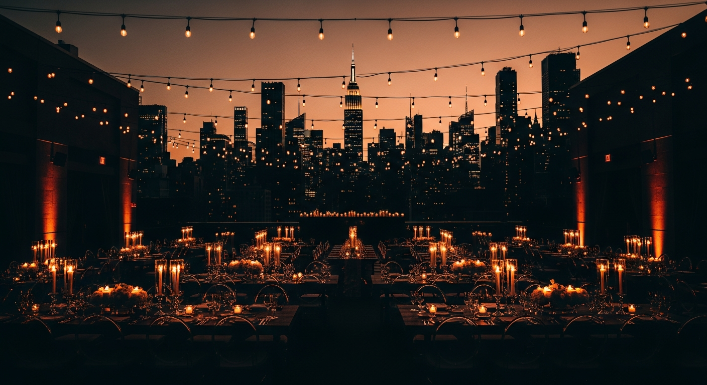 Elegant Manhattan rooftop event space at twilight with city skyline and ambient lighting