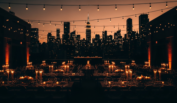 Elegant Manhattan rooftop event space at twilight with city skyline and ambient lighting