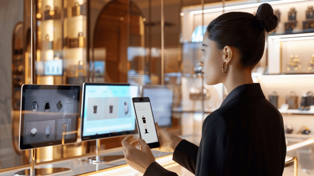 Woman browsing digital store display screens.