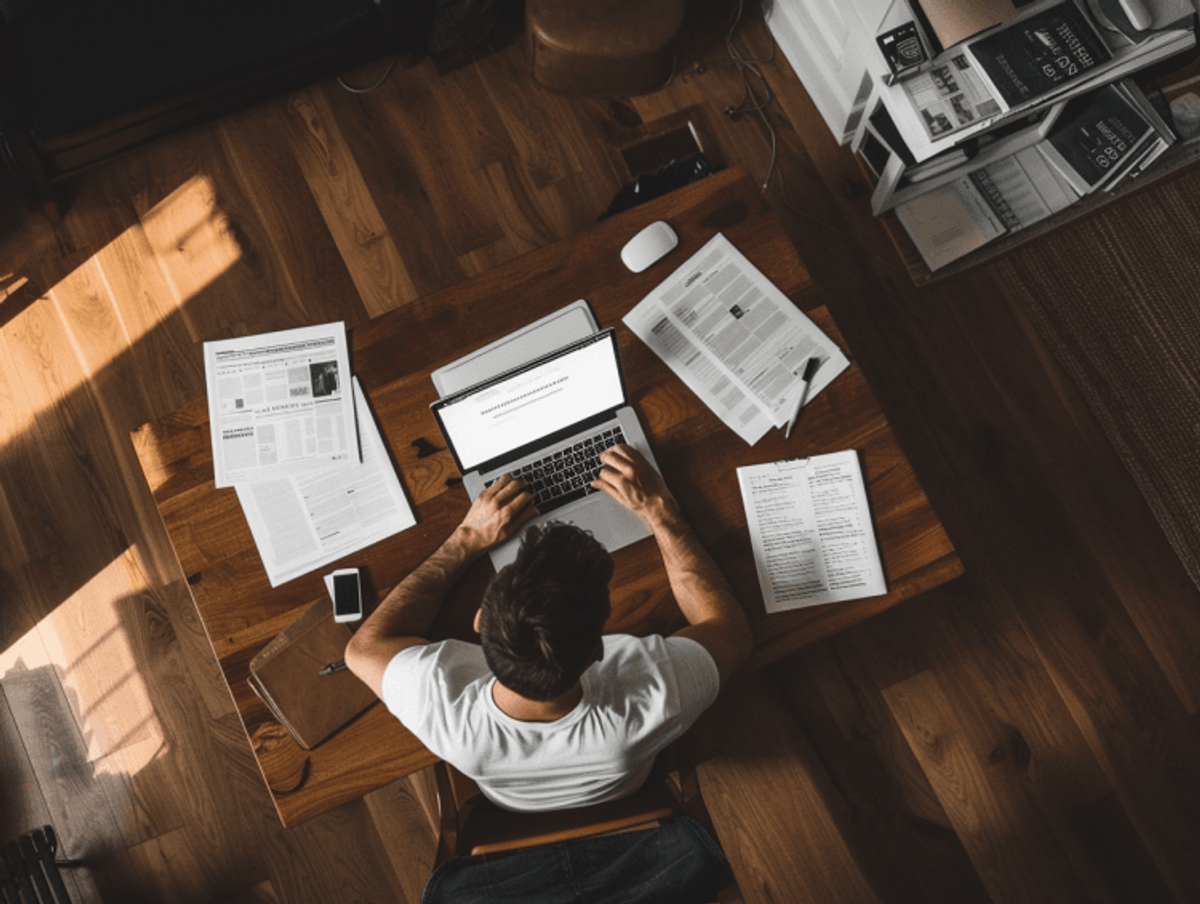Person working on laptop with documents on desk.