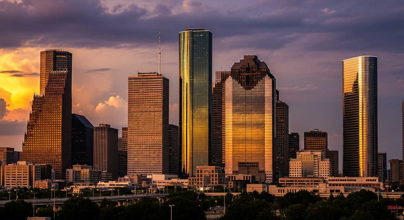 Houston downtown skyline at golden hour
