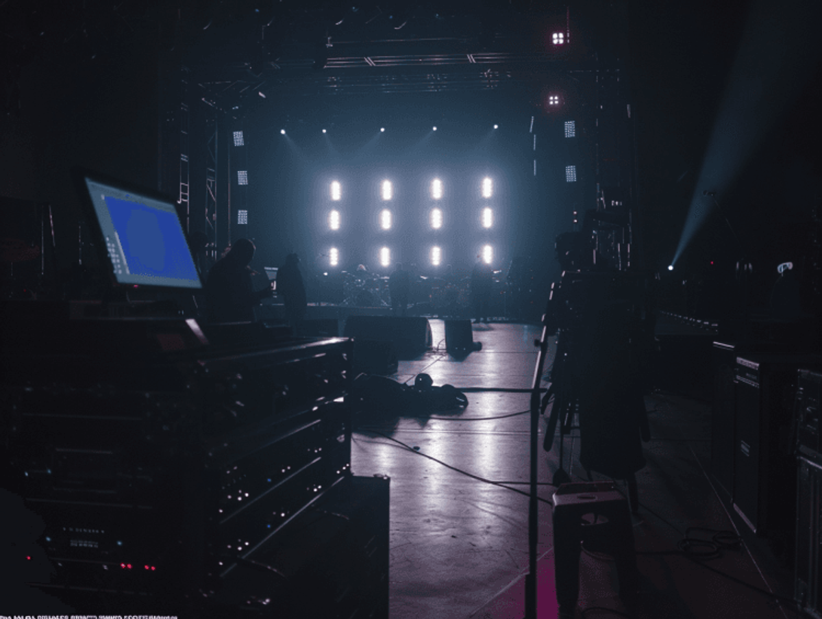 Backstage view of a concert light setup.