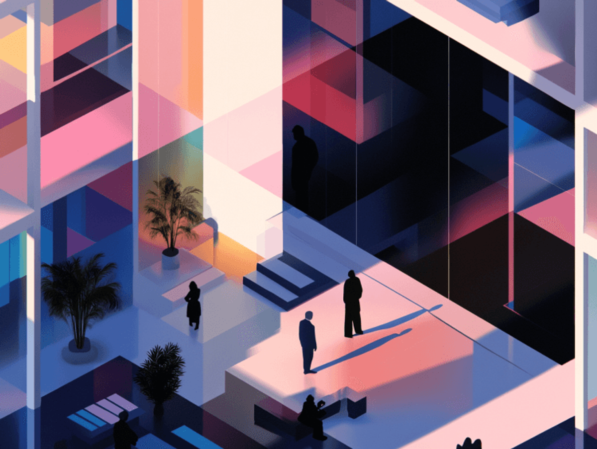 Abstract geometric building with colorful lights and figures.