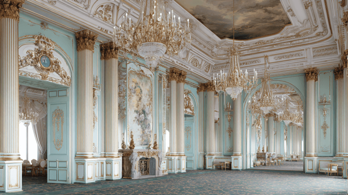 Ornate neoclassical ballroom with chandeliers and columns.