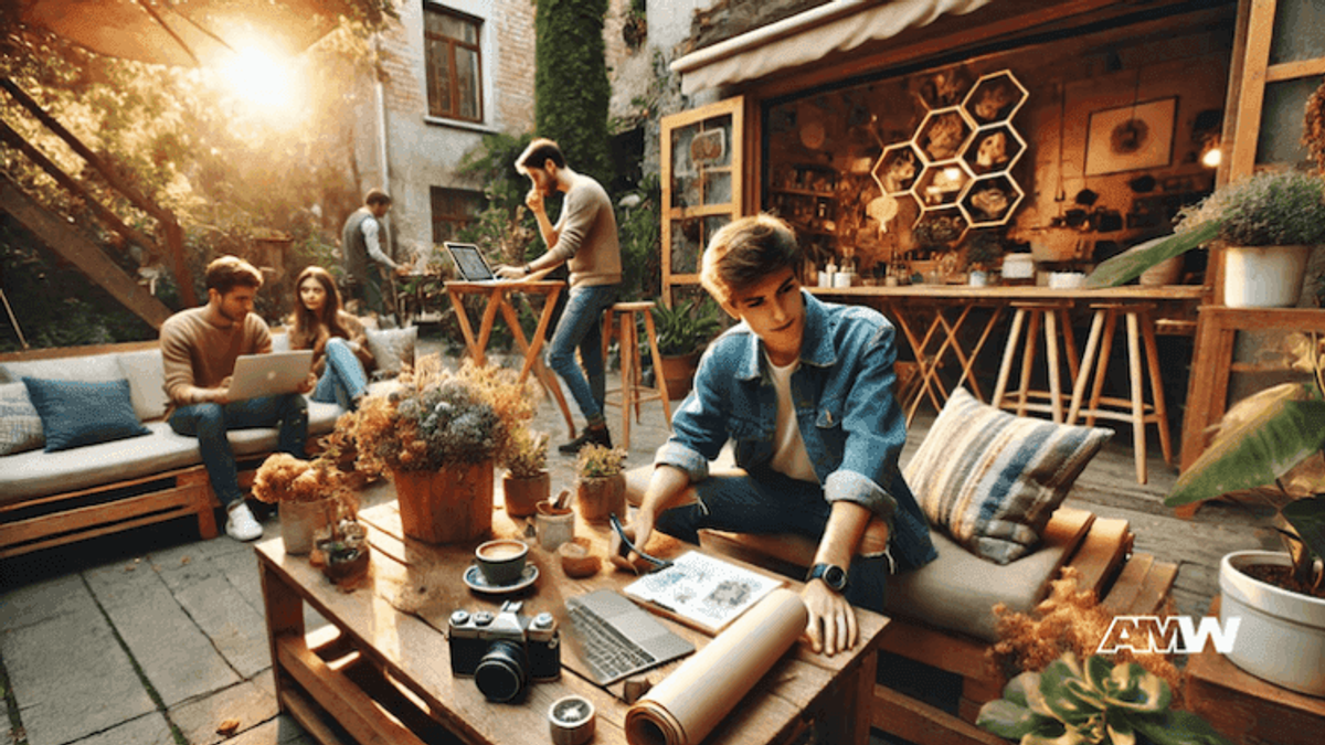 Creative people working in outdoor café.