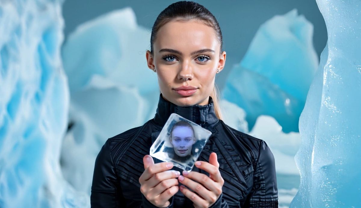 Woman holding ice cube with face reflection