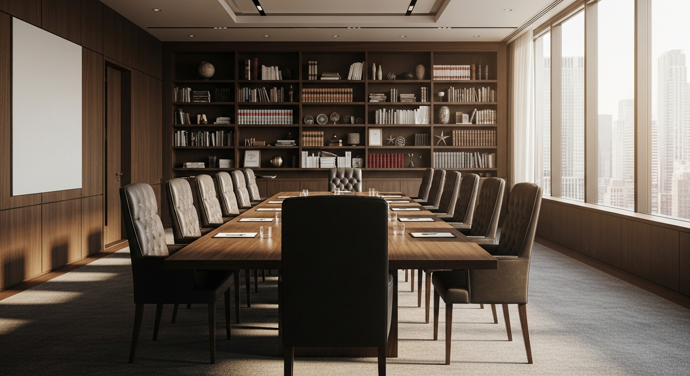 Prestigious law firm conference room with dark walnut table and city view through large windows