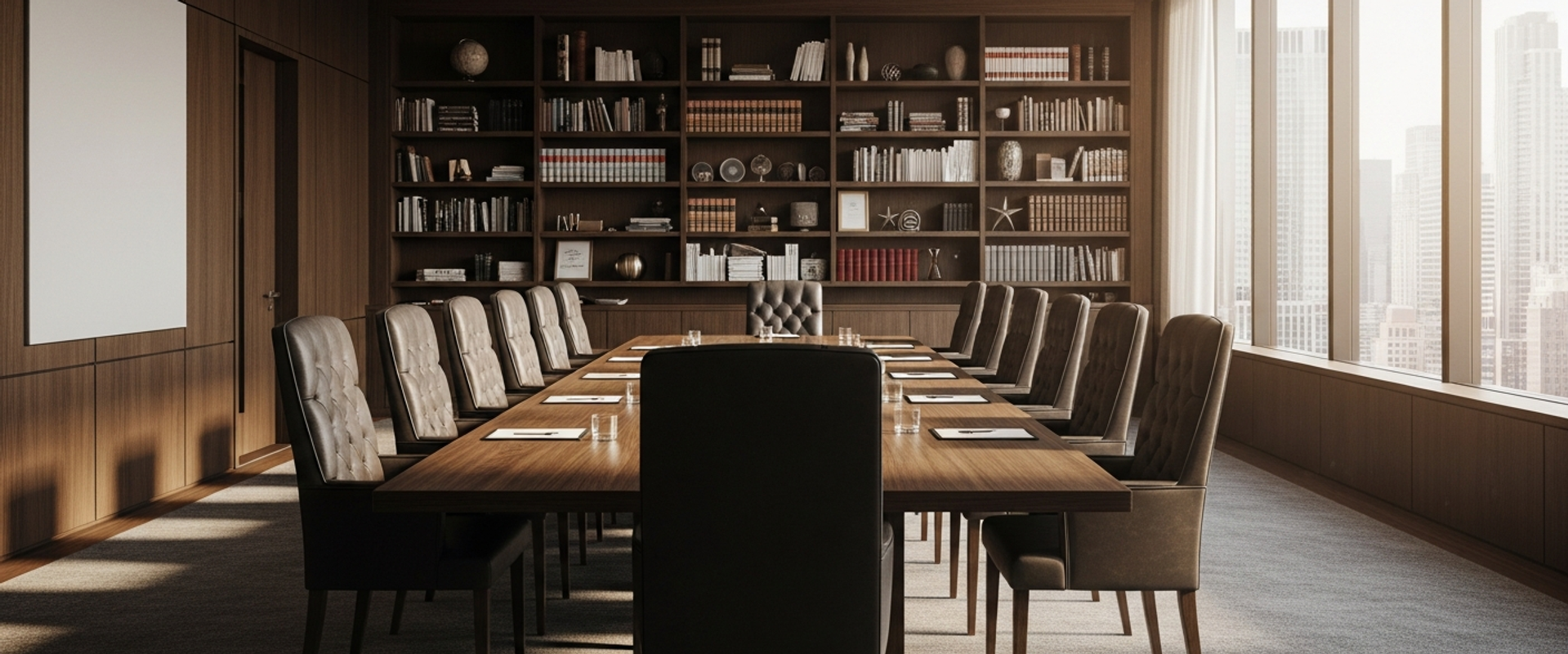 Prestigious law firm conference room with dark walnut table and city view through large windows