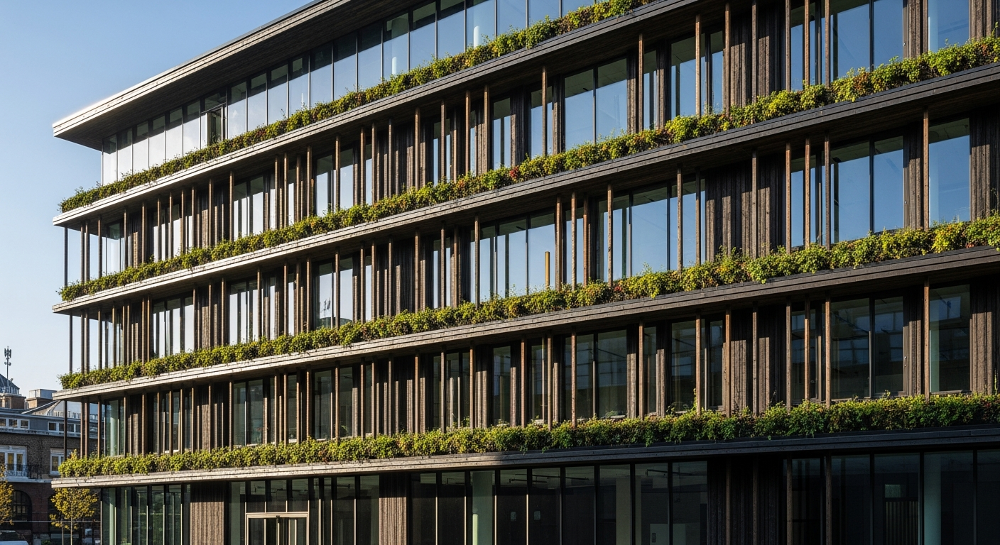Sustainable office building with living green wall and recycled timber accents