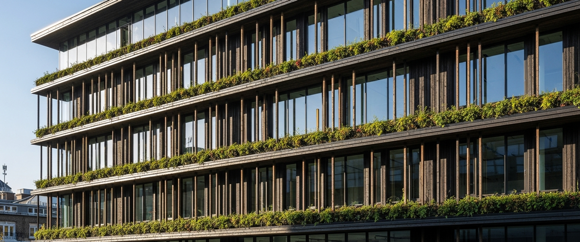 Sustainable office building with living green wall and recycled timber accents