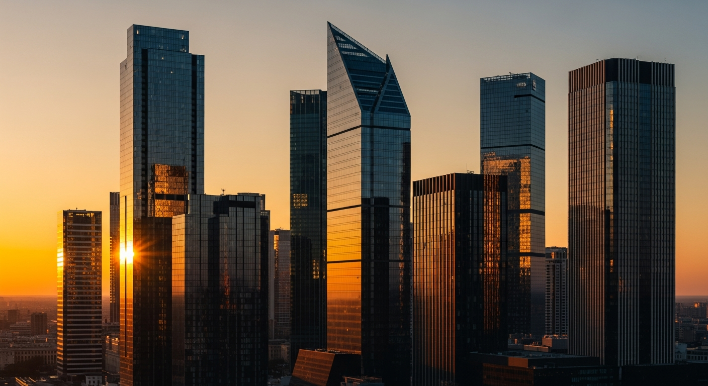Editorial city skyline at golden hour