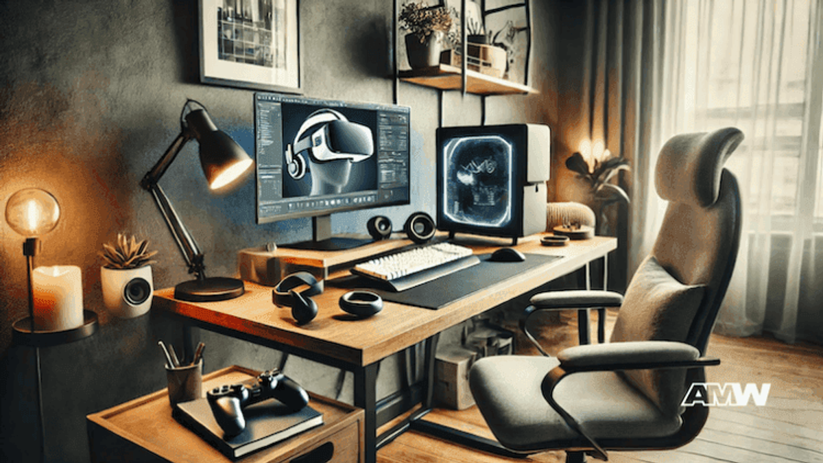 Modern VR gaming and design setup in cozy home office.