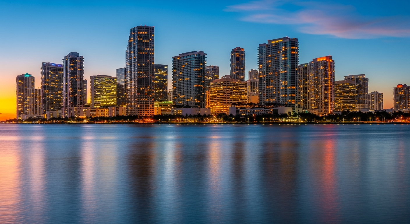 Miami Brickell financial district at dusk with Biscayne Bay - Investor Relations in Miami