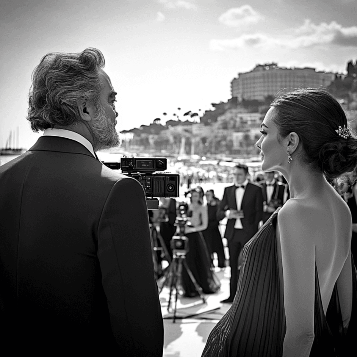 Elegant couple at outdoor black-tie event