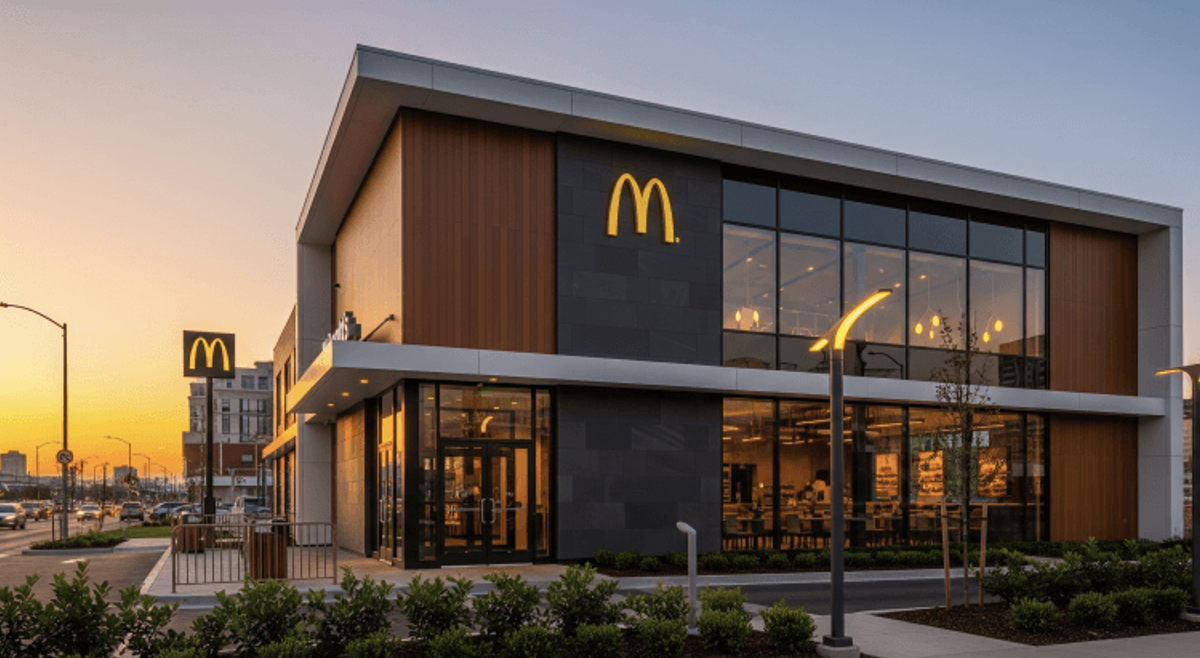Modern fast-food restaurant at sunset