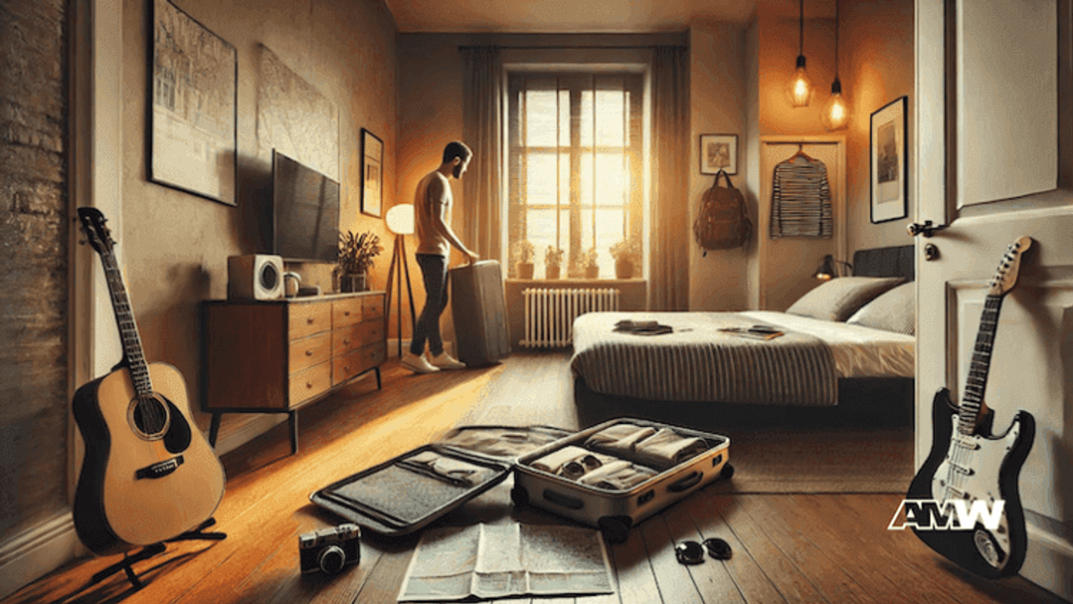 Person packing suitcase in cozy bedroom