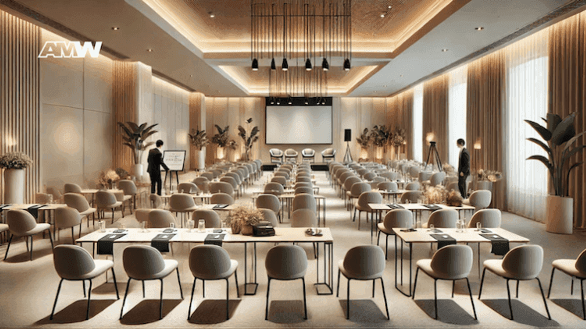 Elegant conference room with chairs, tables, and projector.