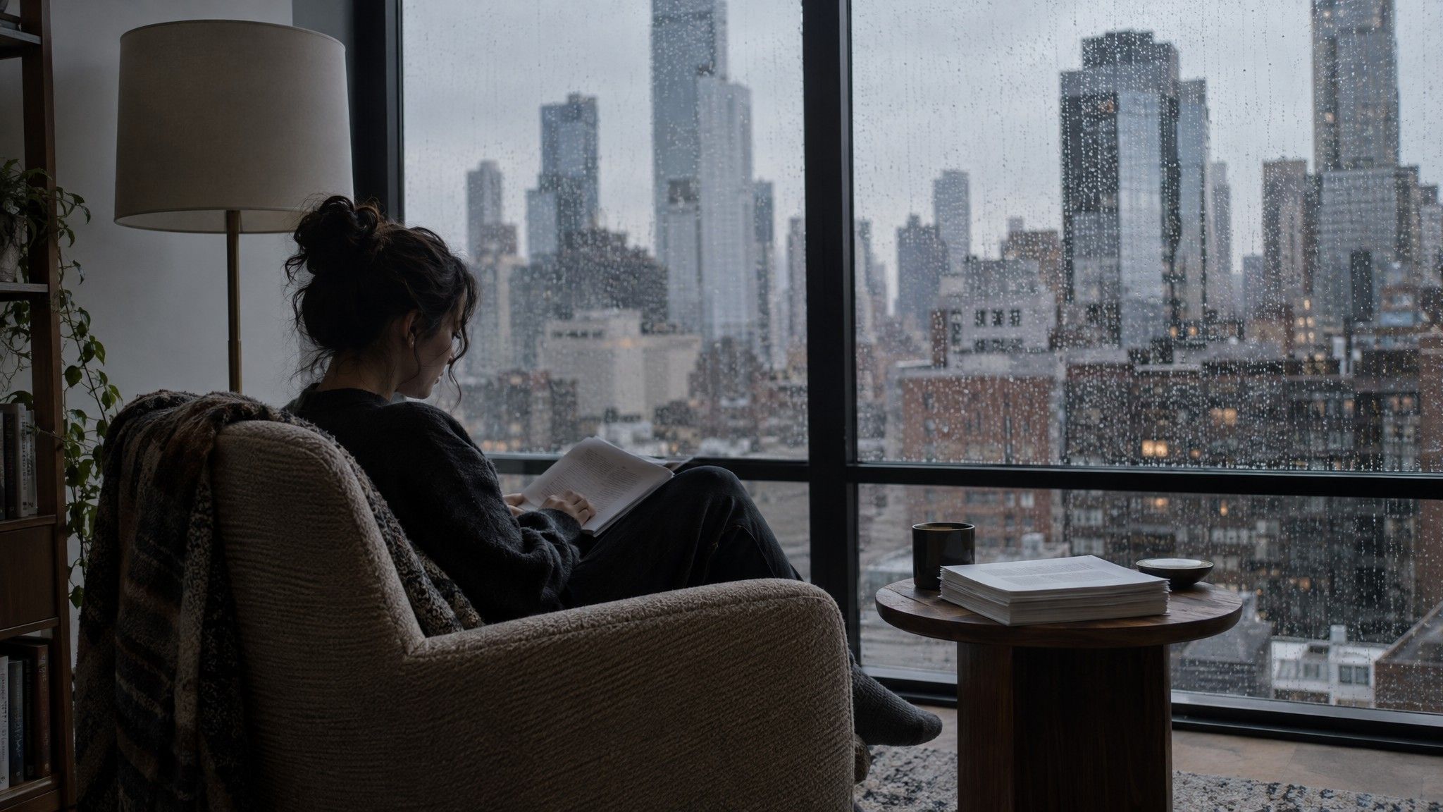 Reading chair beside printed drafts face down and a rainy window