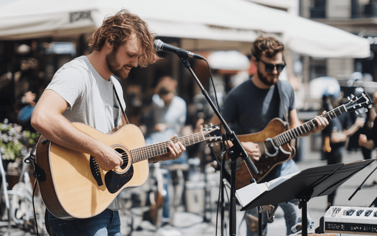 Two musicians playing guitars outdoors in city square.
