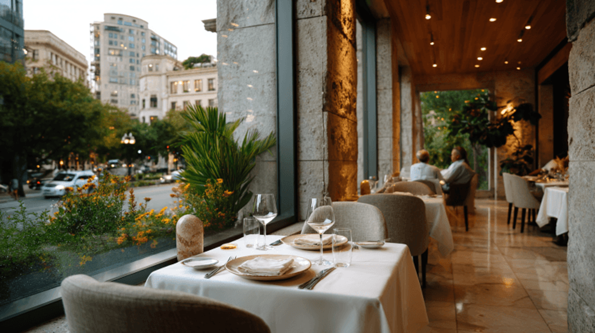 Elegant restaurant with city view and table setting.