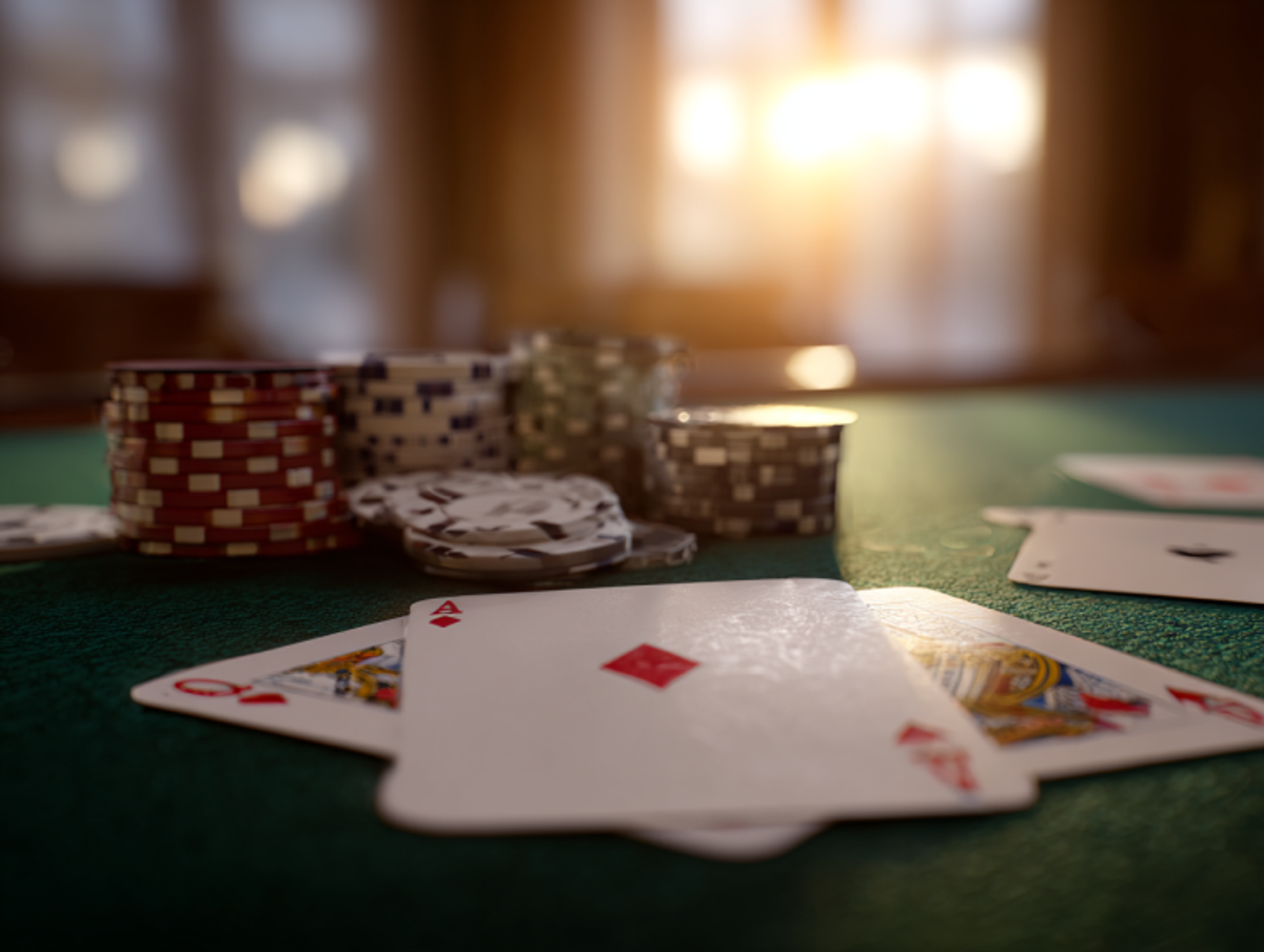 Poker cards and chips on casino table