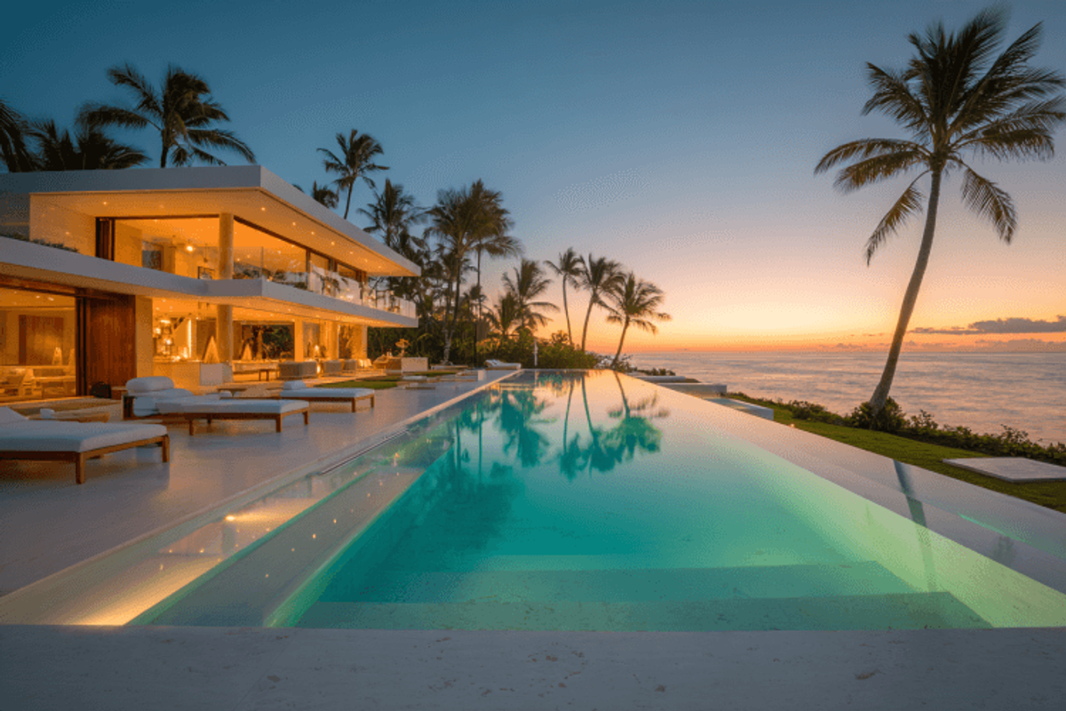 Luxury villa with oceanfront infinity pool at sunset.