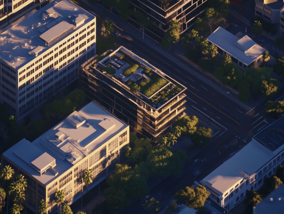 Aerial view of city buildings with rooftop garden.