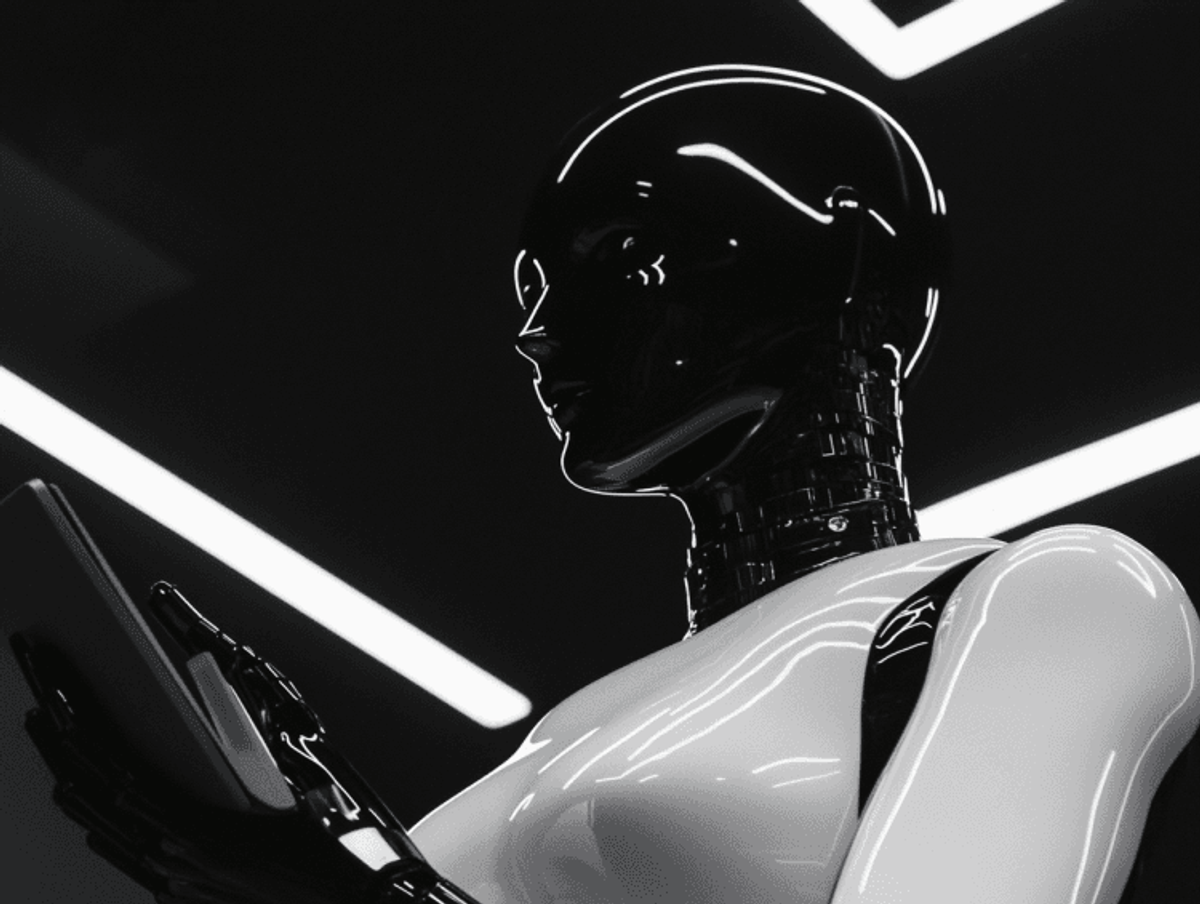 Sleek robot holding tablet in futuristic setting.