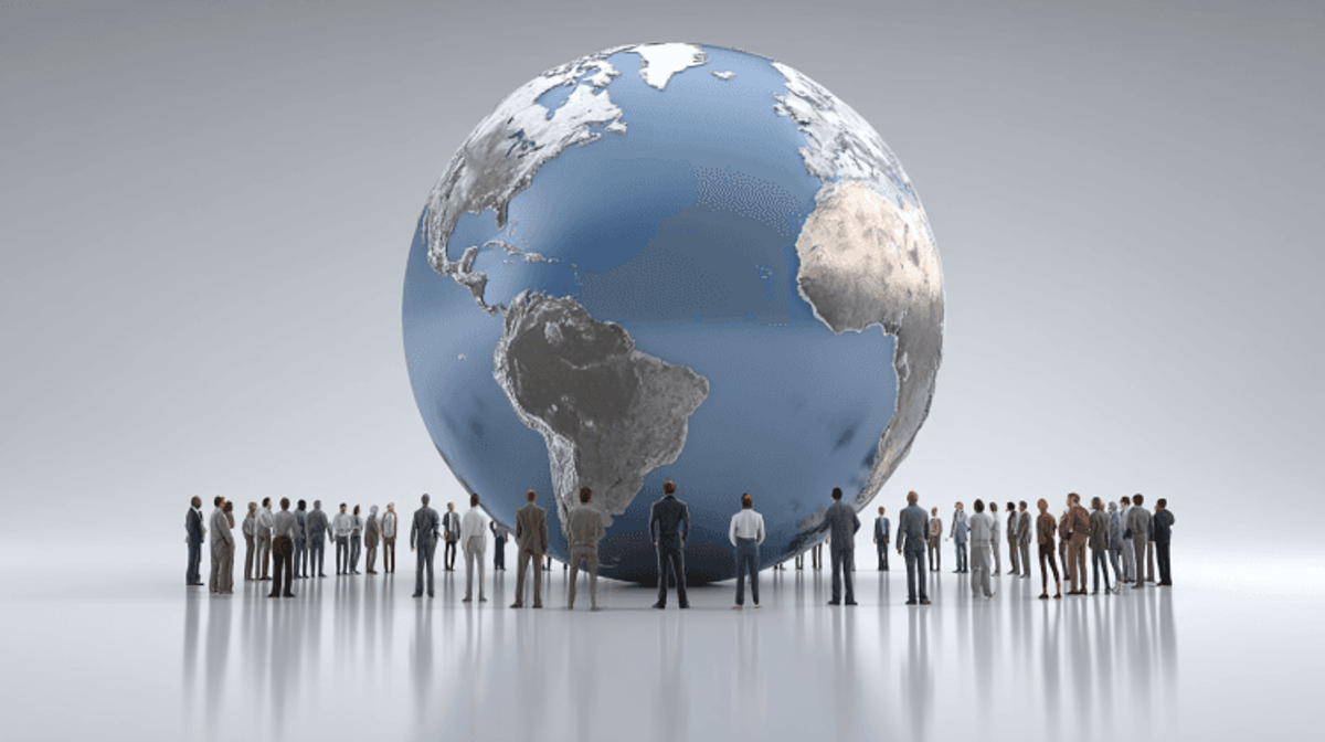 People surrounding giant globe, global community concept.