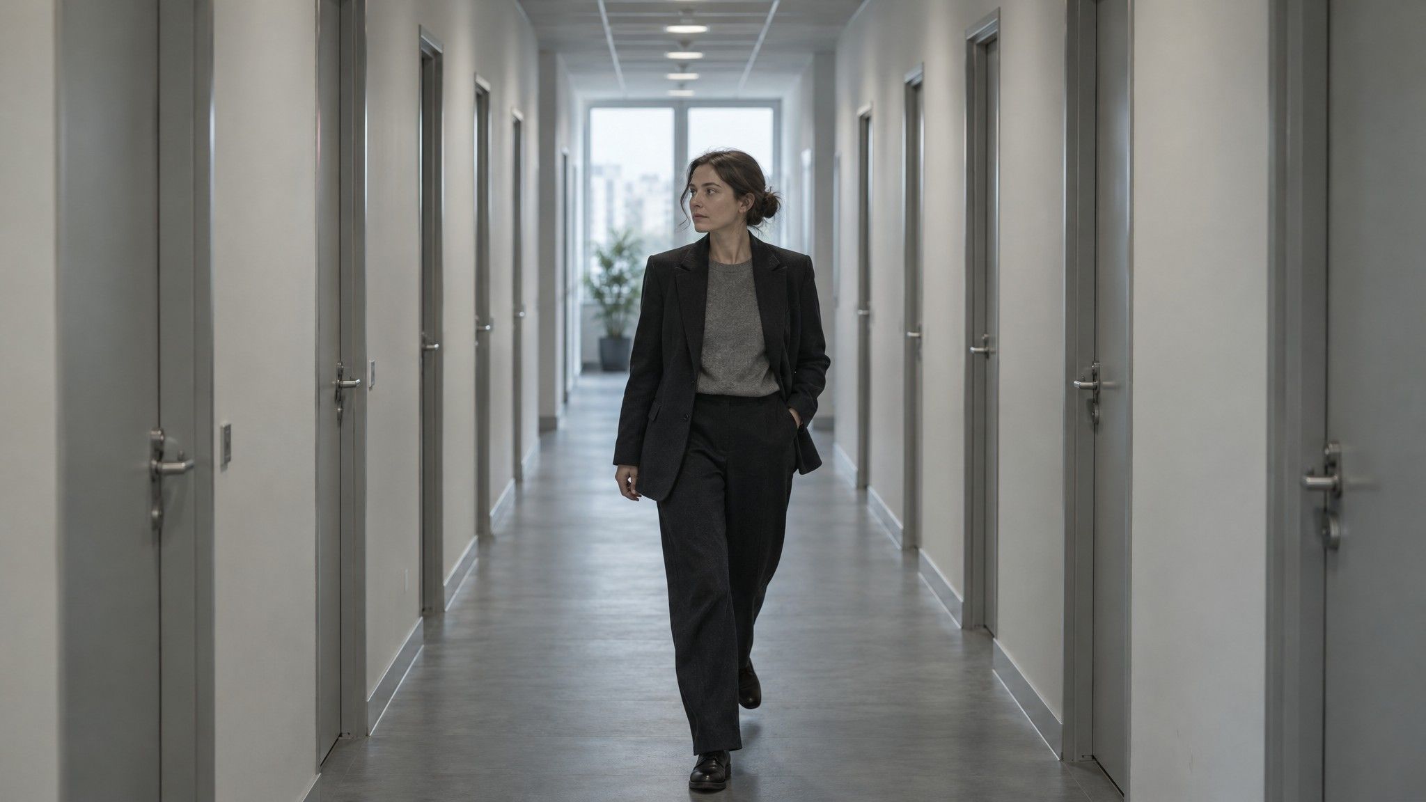 Long pale corridor with rows of identical closed office doors
