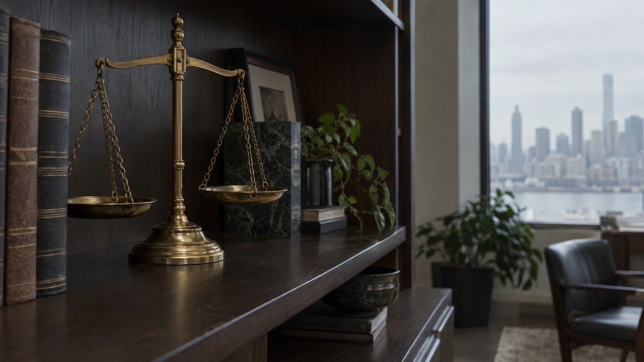 Brass balance scale on a dark wooden shelf