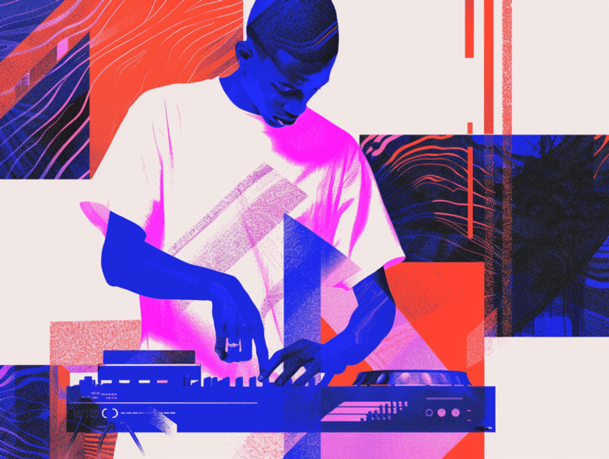 Abstract DJ mixing music with vibrant colors.