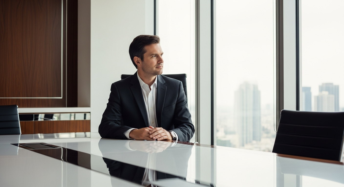Executive boardroom with city skyline representing crisis and reputation management