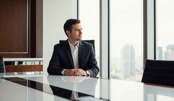 Executive boardroom with city skyline representing crisis and reputation management